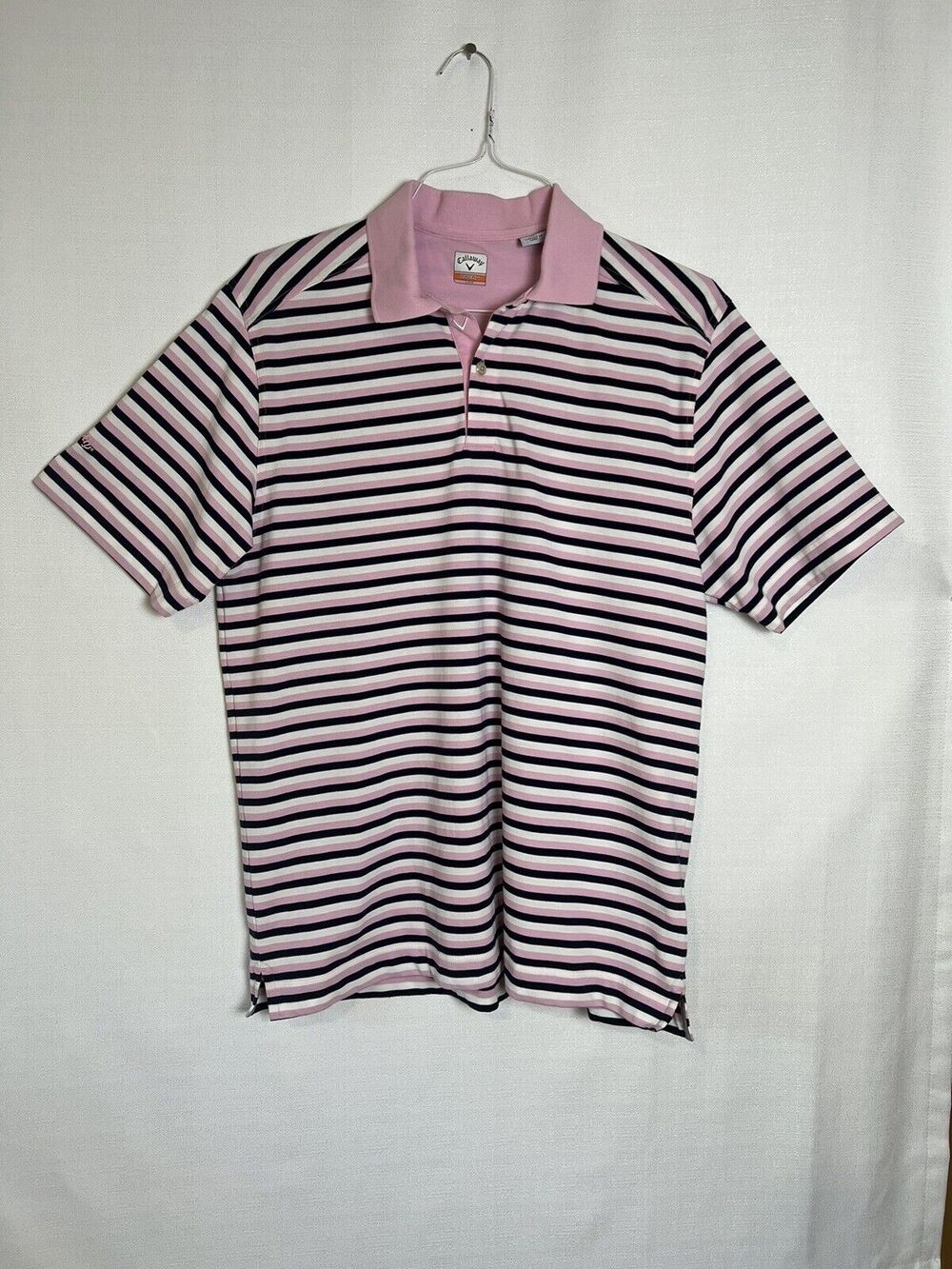 Callaway Golf Polo Shirt Mens Large C Tech Pink/Black Striped Short Sleeve
